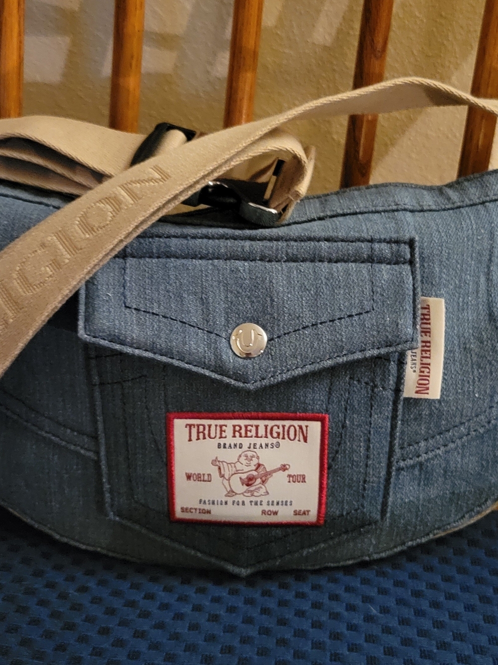True Religion Denim Messenger Bag in Blue with Beige Strap